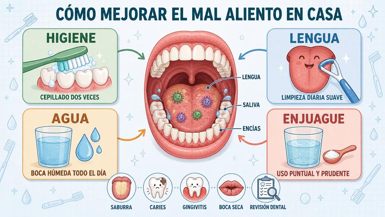 Higiene, lengua, hidratación y enjuague prudente: pilares básicos contra la halitosis.