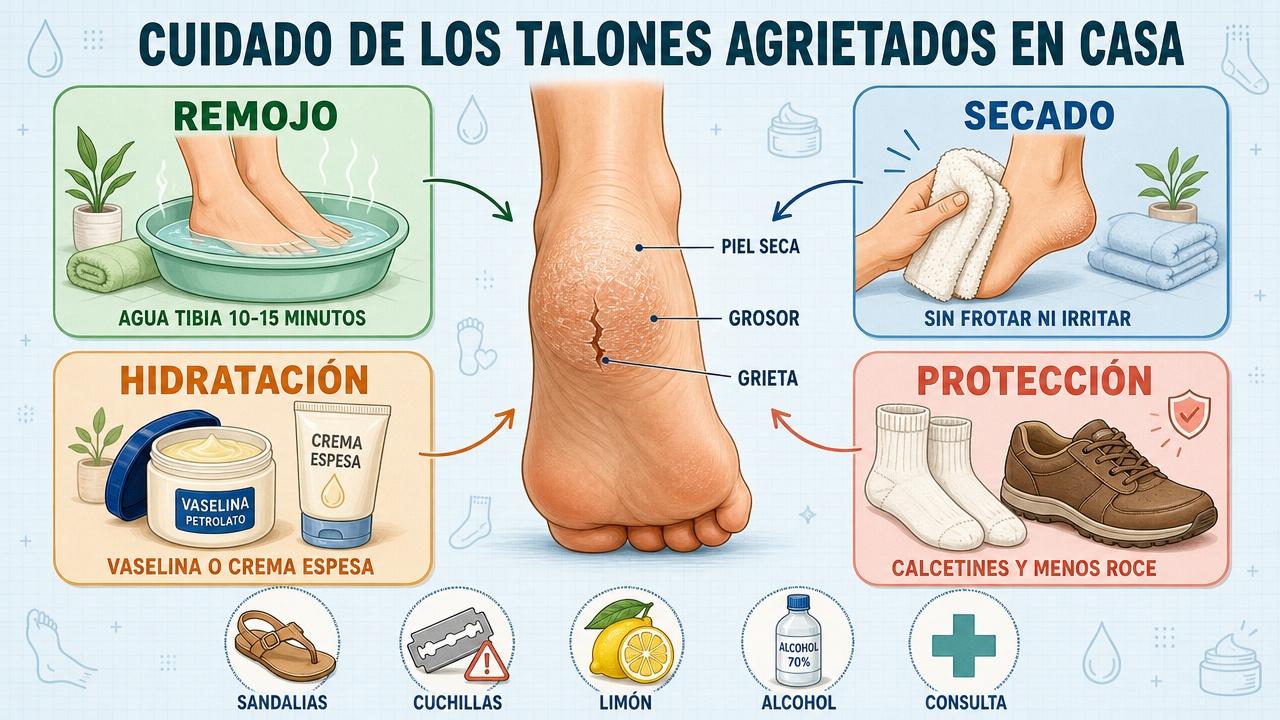 Remojo, secado, hidratación y protección: claves para cuidar talones agrietados.