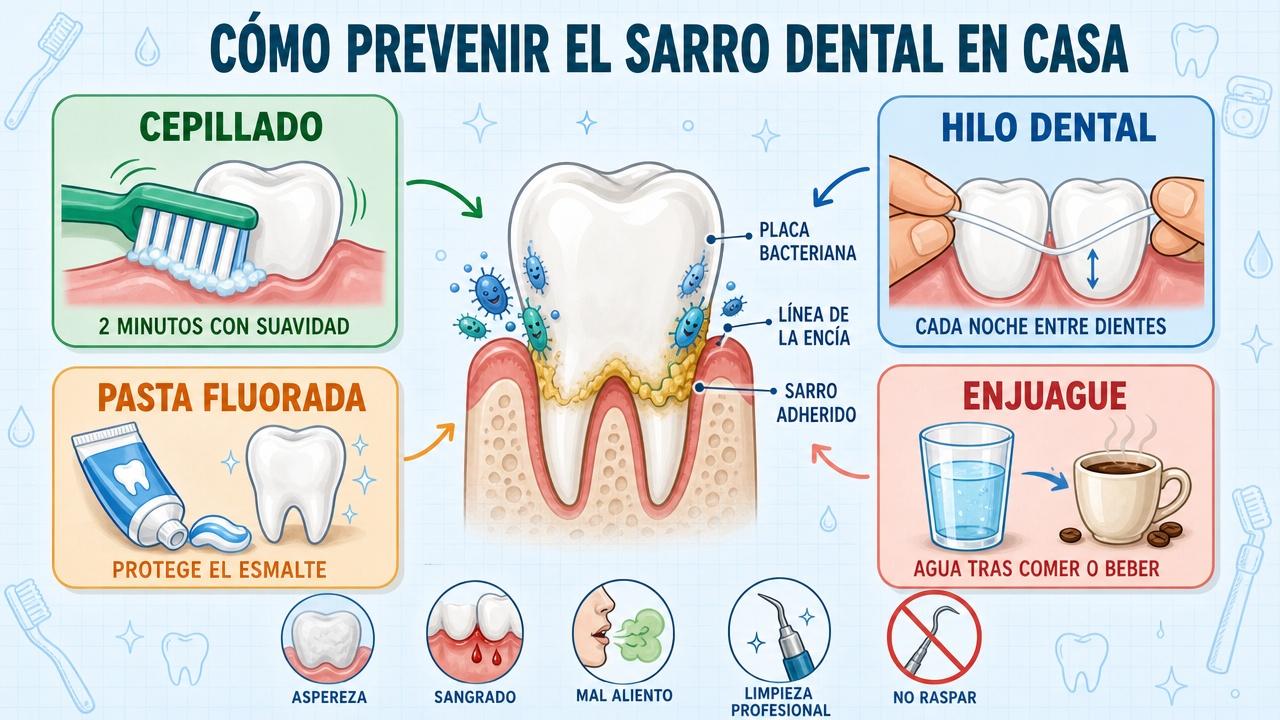 Cepillado, hilo dental, pasta fluorada y enjuague ayudan a prevenir sarro.