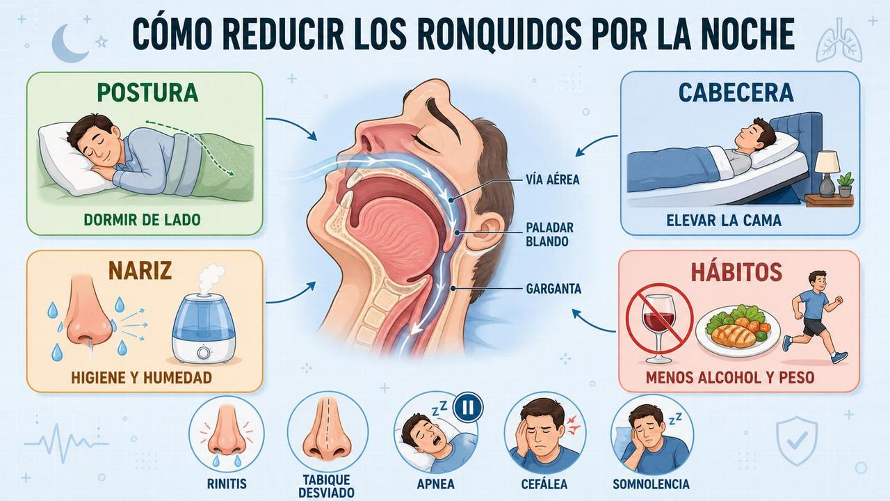 Postura, cabecera, higiene nasal y hábitos saludables ayudan a roncar menos.