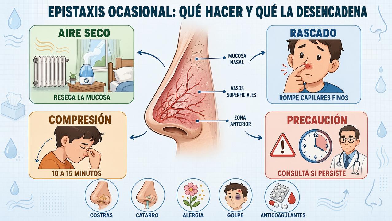 Aire seco, rascado, compresión y señales de alerta en la epistaxis.