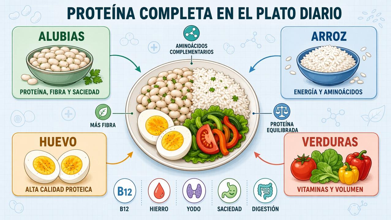 Los cuatro pilares del plato: alubias, arroz, huevo y verduras.