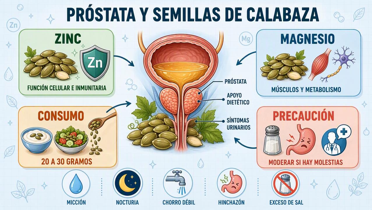Zinc, magnesio, consumo adecuado y precauciones clave para el cuidado prostático.