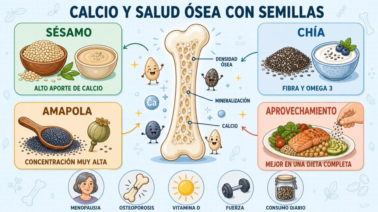 Cuatro pilares para cuidar el hueso con semillas y nutrición.