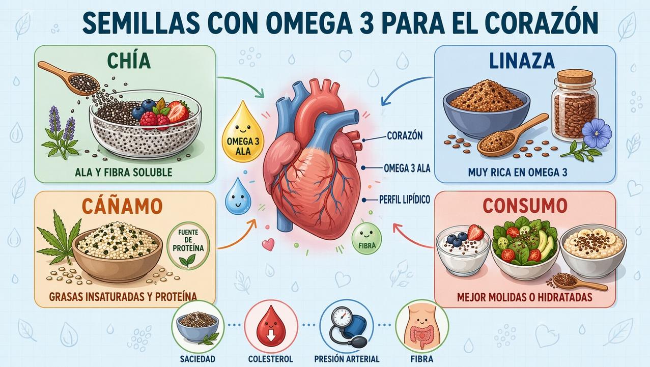 Chía, linaza, cáñamo y consumo adecuado: pilares del omega 3 vegetal.