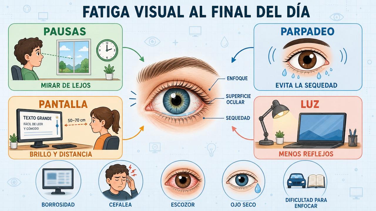 Pausas, parpadeo, pantalla y luz: pilares para aliviar la tensión ocular.