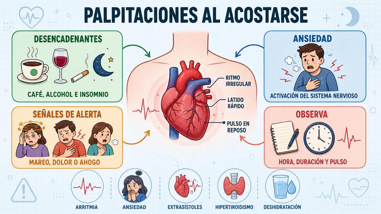 Desencadenantes, señales de alerta y observación básica ante palpitaciones nocturnas.