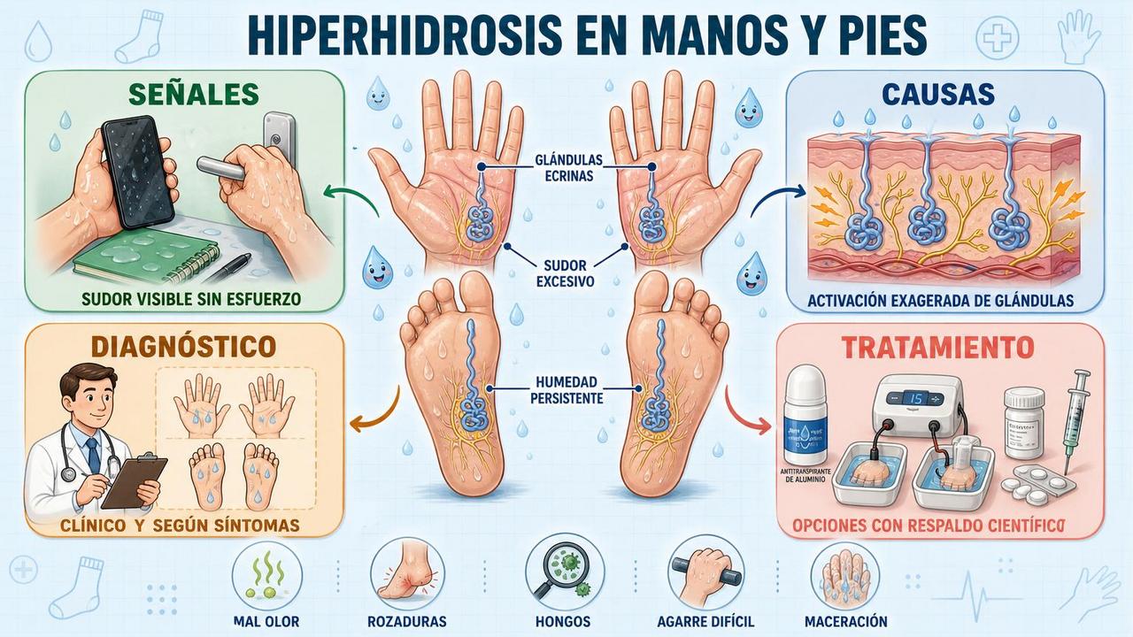 Señales, causas, diagnóstico y tratamiento de la hiperhidrosis palmar y plantar.