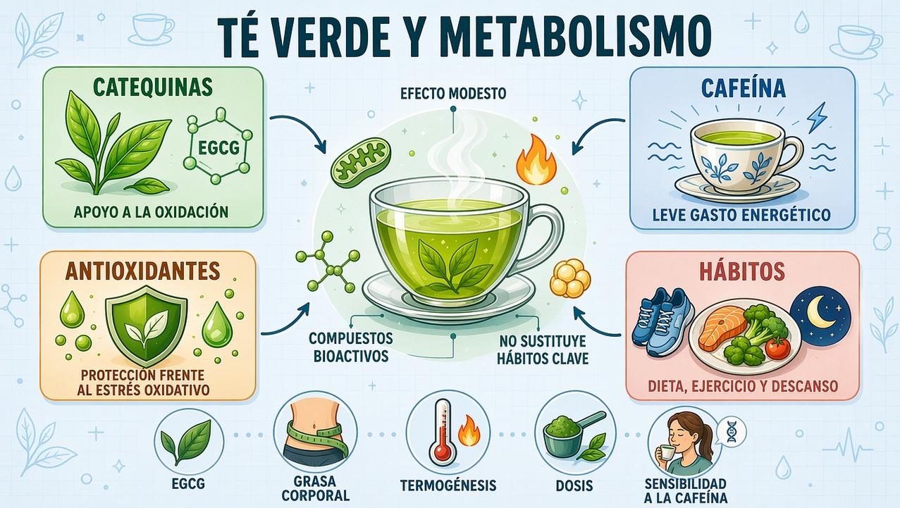 Catequinas, cafeína, antioxidantes y hábitos: claves del té verde y metabolismo.