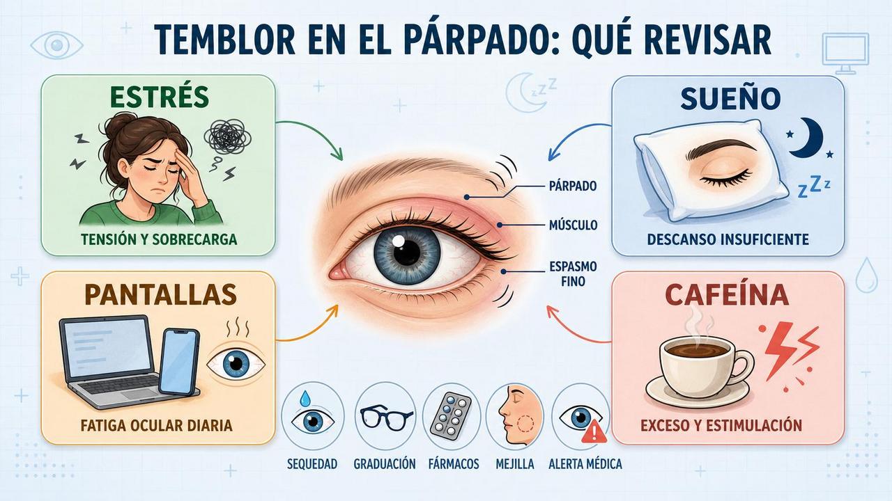 Estrés, sueño, pantallas y cafeína explican muchos episodios de miokimia palpebral.