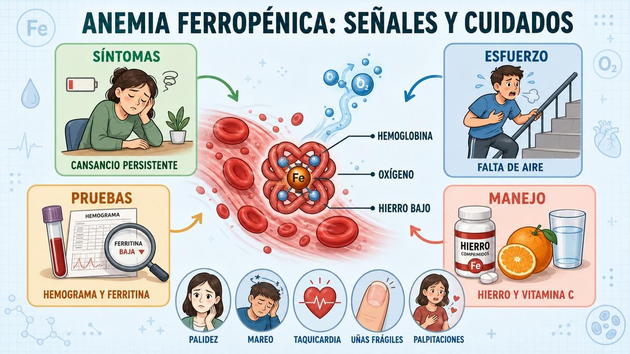 Síntomas, pruebas y manejo básico de la anemia ferropénica.