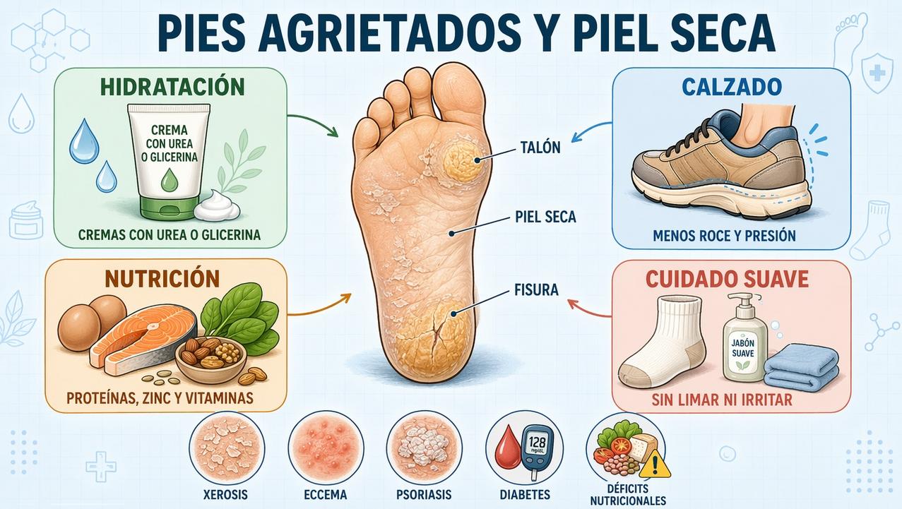 Hidratación, calzado, nutrición y cuidado suave ayudan a reparar fisuras.
