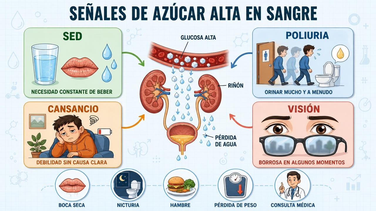 La infografía resume sed, poliuria, cansancio y visión borrosa asociadas.