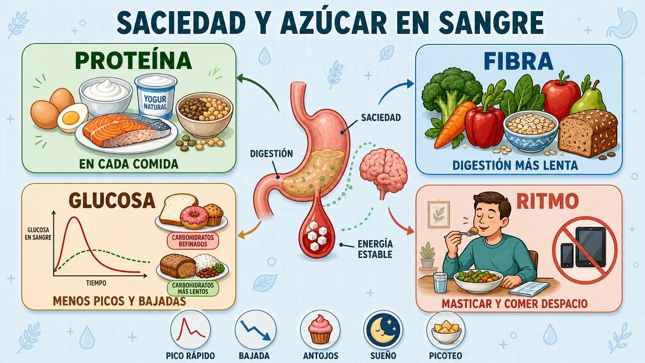 Proteína, fibra, glucosa estable y ritmo al comer mejoran la saciedad.