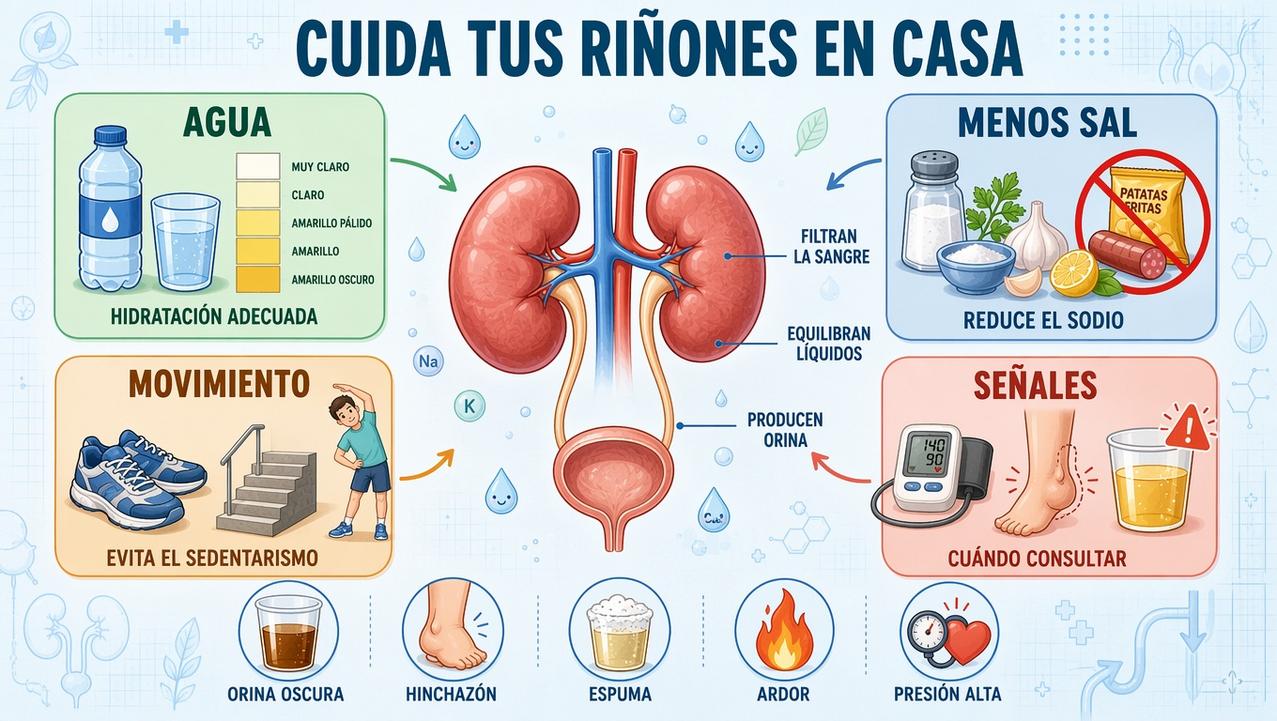 Cuatro pilares caseros para proteger los riñones y detectar señales de alerta.
