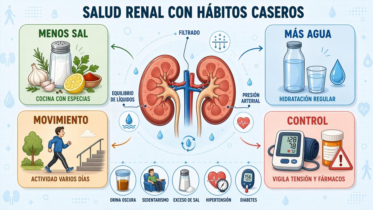 Menos sal, más agua, movimiento y control favorecen la salud renal.