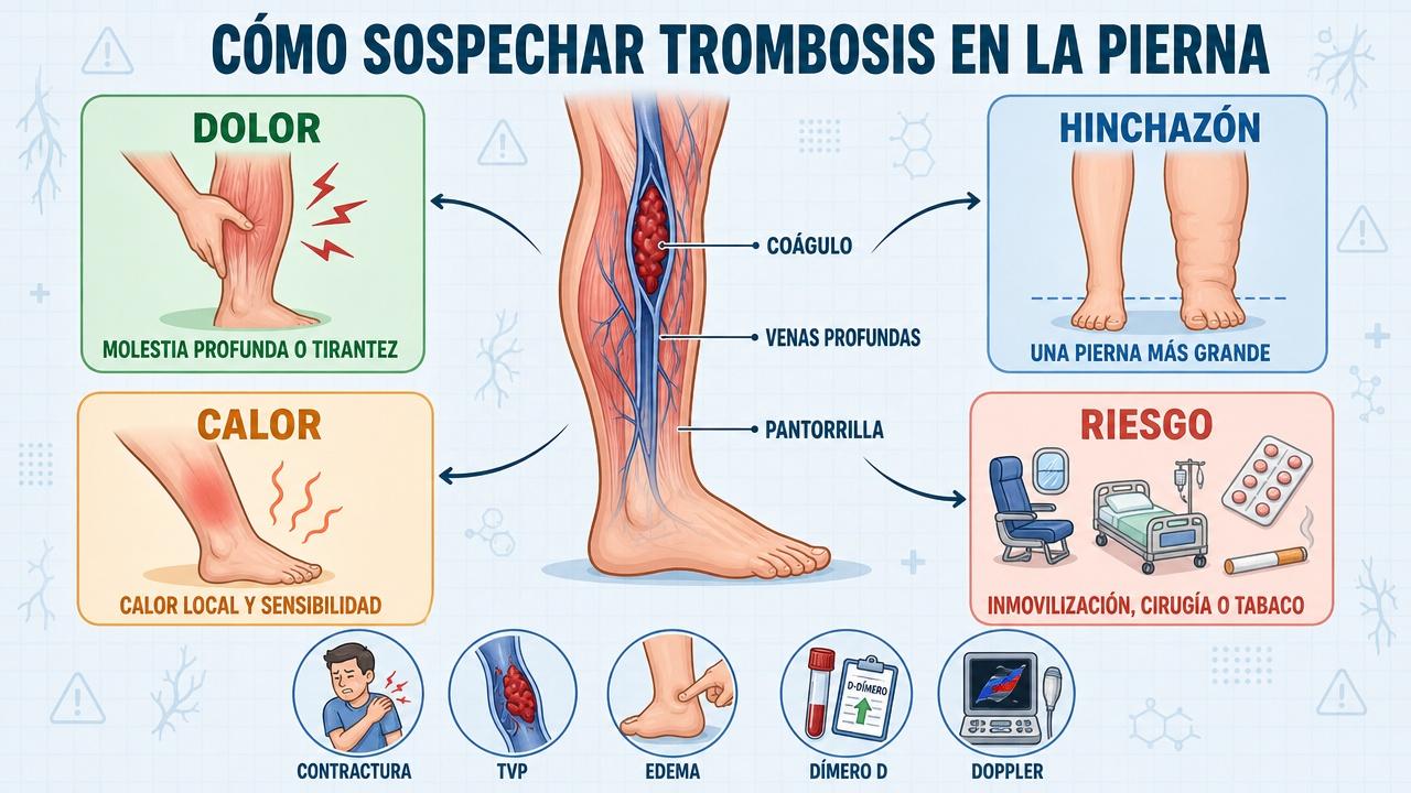 Dolor, hinchazón, calor y factores de riesgo orientan la sospecha clínica.