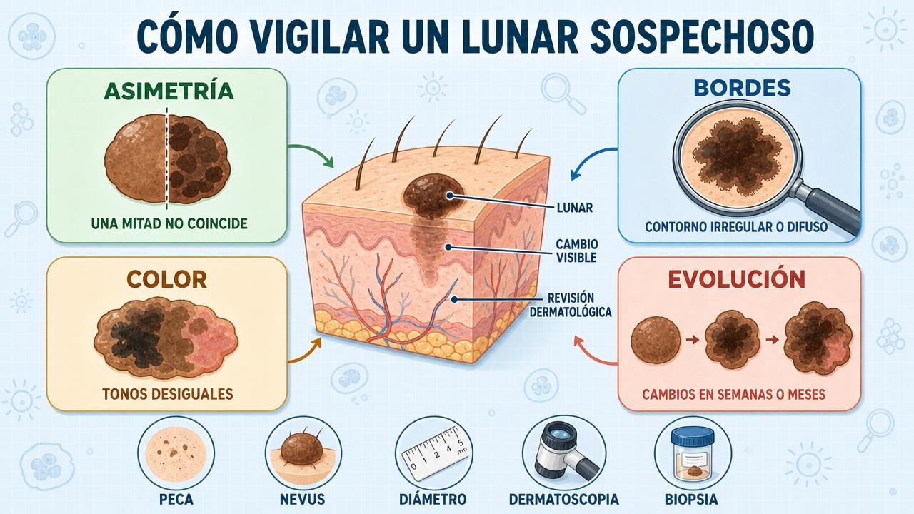 La regla ABCDE ayuda a identificar cambios sospechosos y consultar a tiempo.