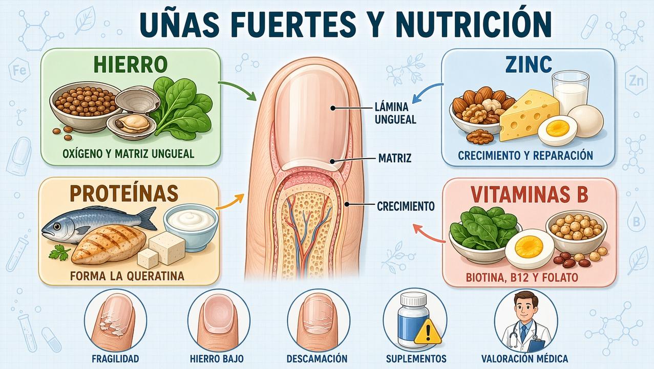 Hierro, zinc, proteínas y vitaminas B sostienen unas uñas más resistentes.