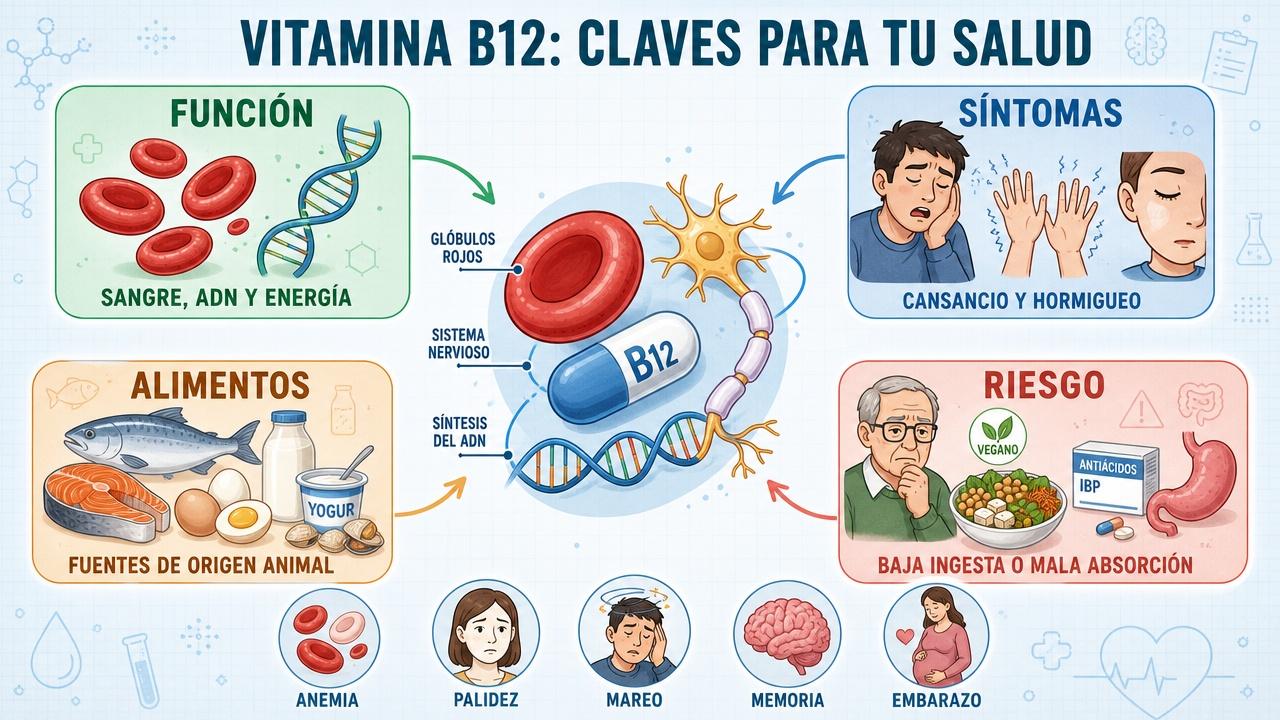 Funciones, síntomas, alimentos y riesgo de déficit de vitamina B12.