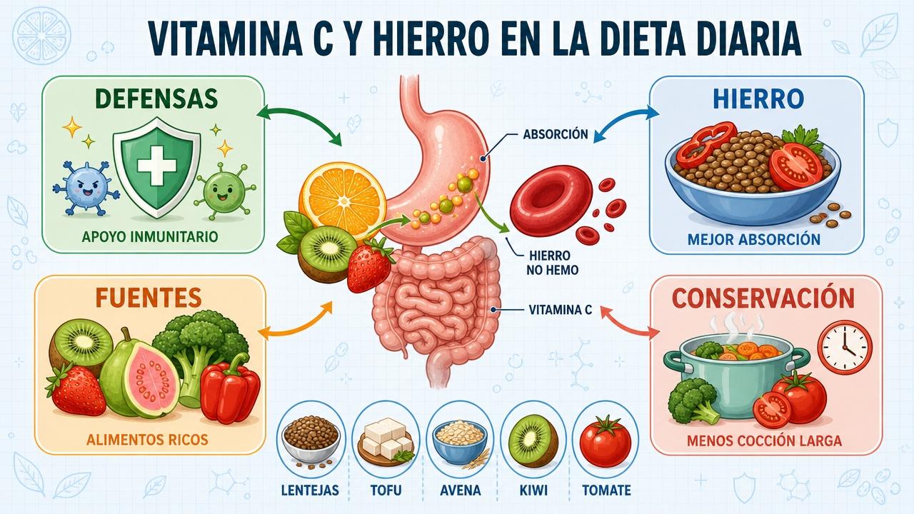 Defensas, hierro, fuentes y conservación: cuatro claves prácticas sobre vitamina C.