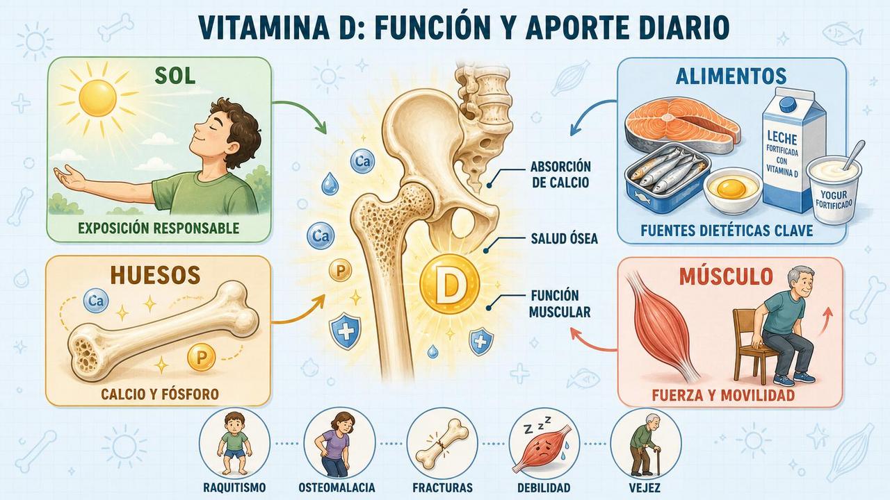 Los cuatro pilares de la vitamina D: sol, alimentos, huesos y músculo.