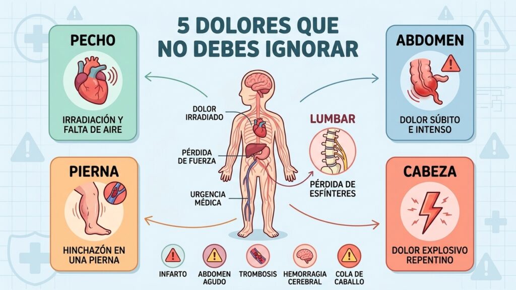 Cinco dolores de alerta: pecho, abdomen, pierna, cabeza y espalda lumbar.