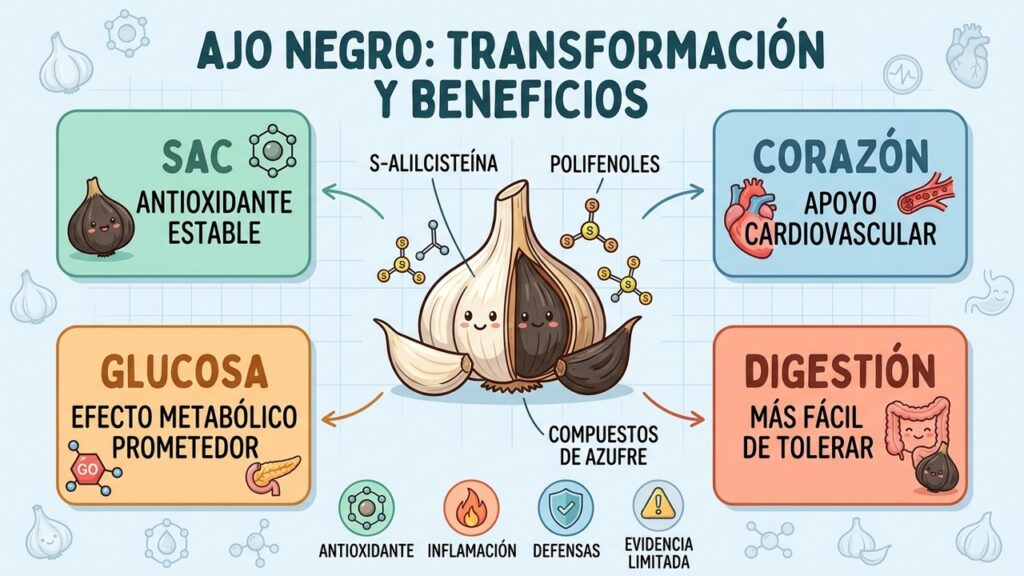 El ajo negro concentra compuestos transformados que potencian su interés antioxidante y digestivo.