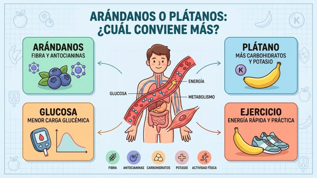Arándanos y plátanos ofrecen beneficios distintos según glucosa, energía y actividad física
