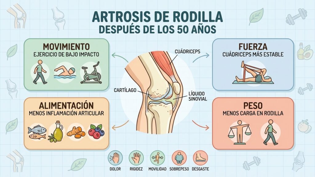 Movimiento, fuerza, alimentación y peso saludable: cuatro pilares contra la artrosis de rodilla.