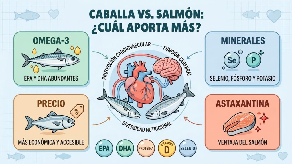 La caballa y el salmón son pescados azules nutritivos con ventajas diferentes