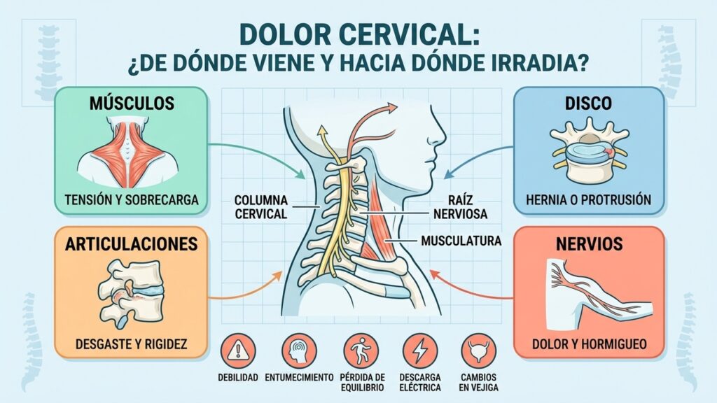 La tensión cervical puede irradiar hacia la cabeza, hombros, brazos y espalda