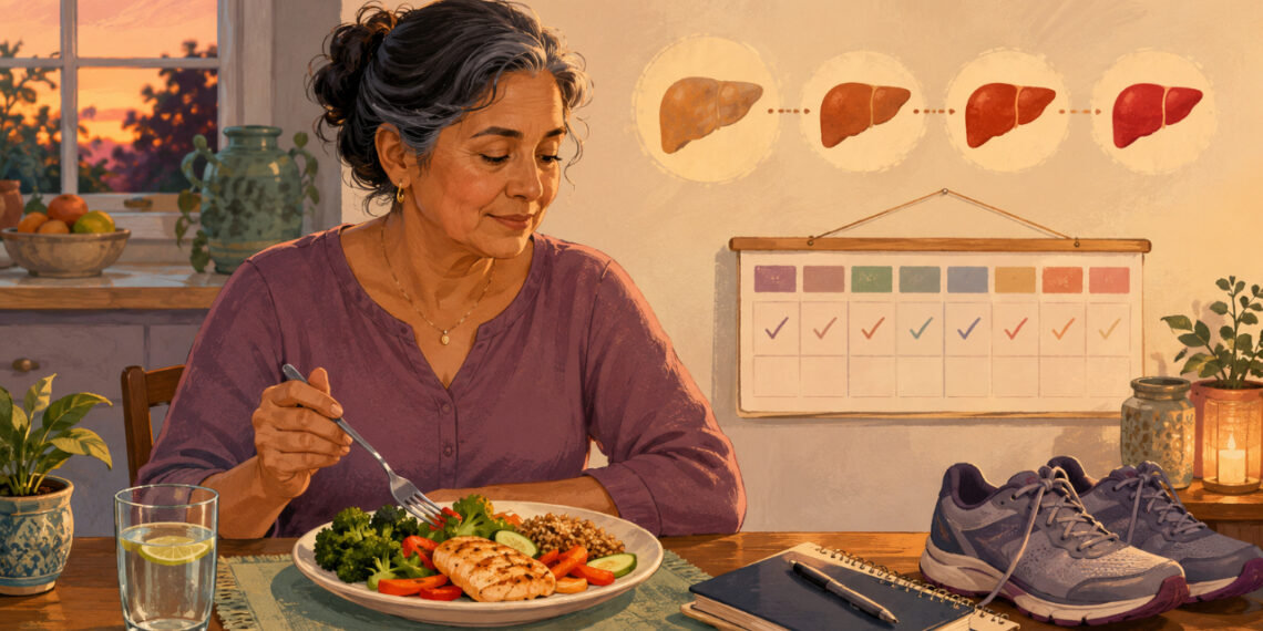 Mujer adulta sentada ante un plato con verduras, cereal y pollo, junto a un vaso de agua, zapatillas deportivas, un cuaderno y una secuencia de ilustraciones del hígado en la pared.