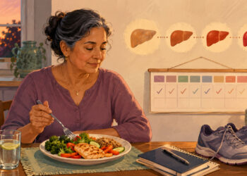 Mujer adulta sentada ante un plato con verduras, cereal y pollo, junto a un vaso de agua, zapatillas deportivas, un cuaderno y una secuencia de ilustraciones del hígado en la pared.