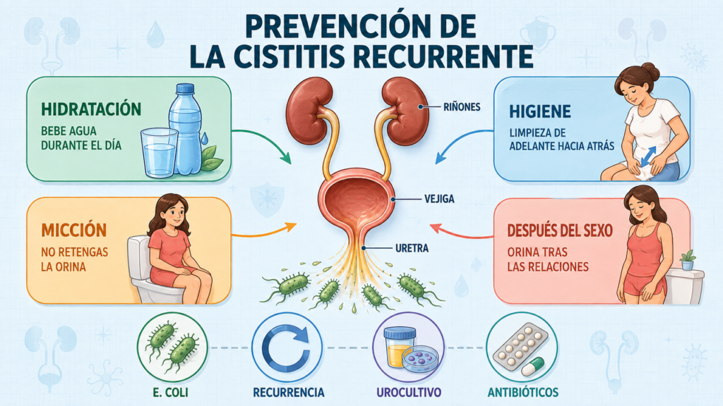 Cuatro pilares preventivos: agua, higiene correcta, micción regular y cuidados después del sexo.