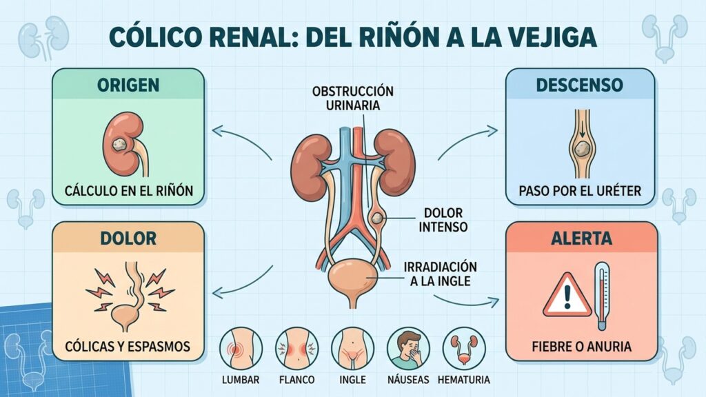 El dolor intenso aparece cuando el cálculo renal obstruye el uréter.