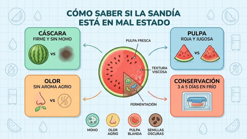 Cáscara, pulpa, olor y conservación revelan las principales señales de una sandía deteriorada."