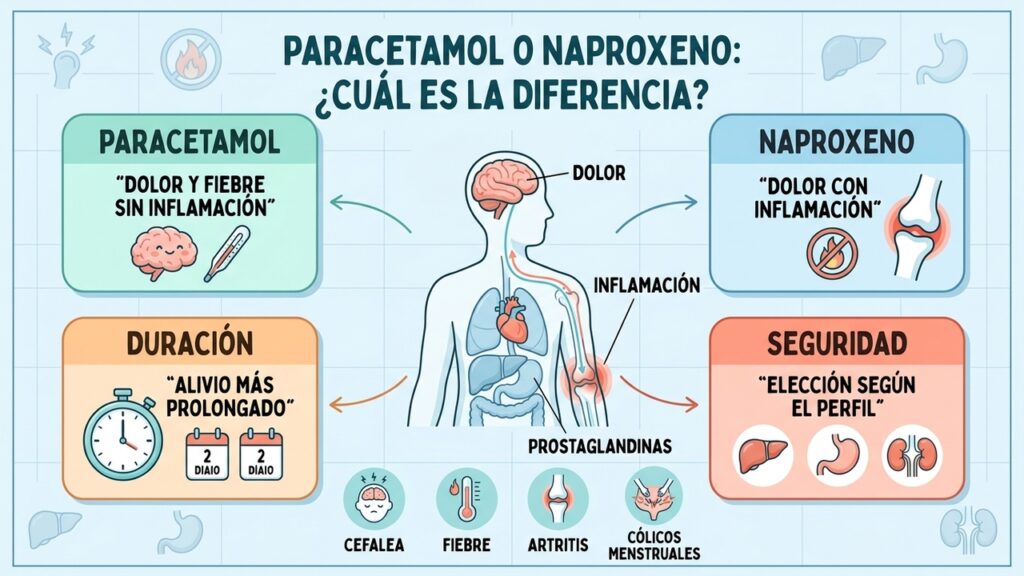 Paracetamol para dolor y fiebre; naproxeno destaca cuando existe inflamación y requiere mayor precaución.