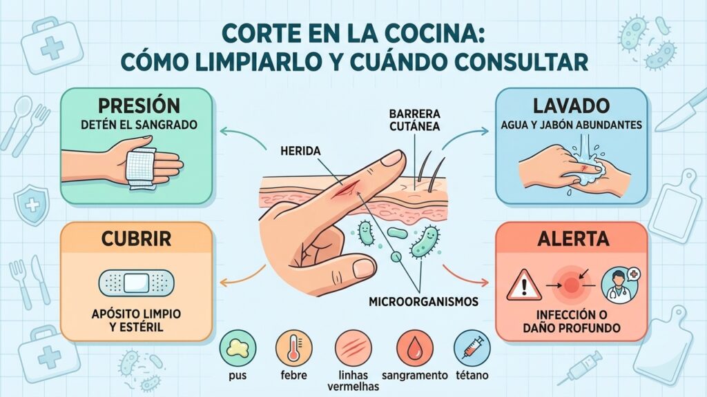 Un corte de cocina requiere presión, lavado cuidadoso y protección para reducir el riesgo de infección