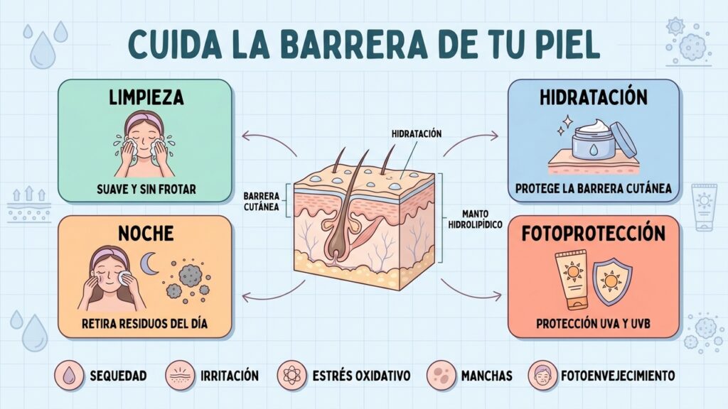 Limpieza, hidratación, rutina nocturna y fotoprotección para mantener una piel saludable.
