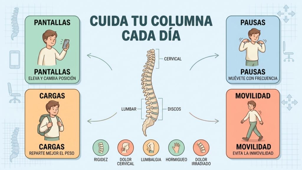 Pantallas, pausas, cargas y movimiento: cuatro pilares para cuidar la columna.