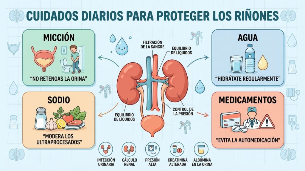 Micción, hidratación, menos sodio y medicamentos seguros ayudan a cuidar los riñones.