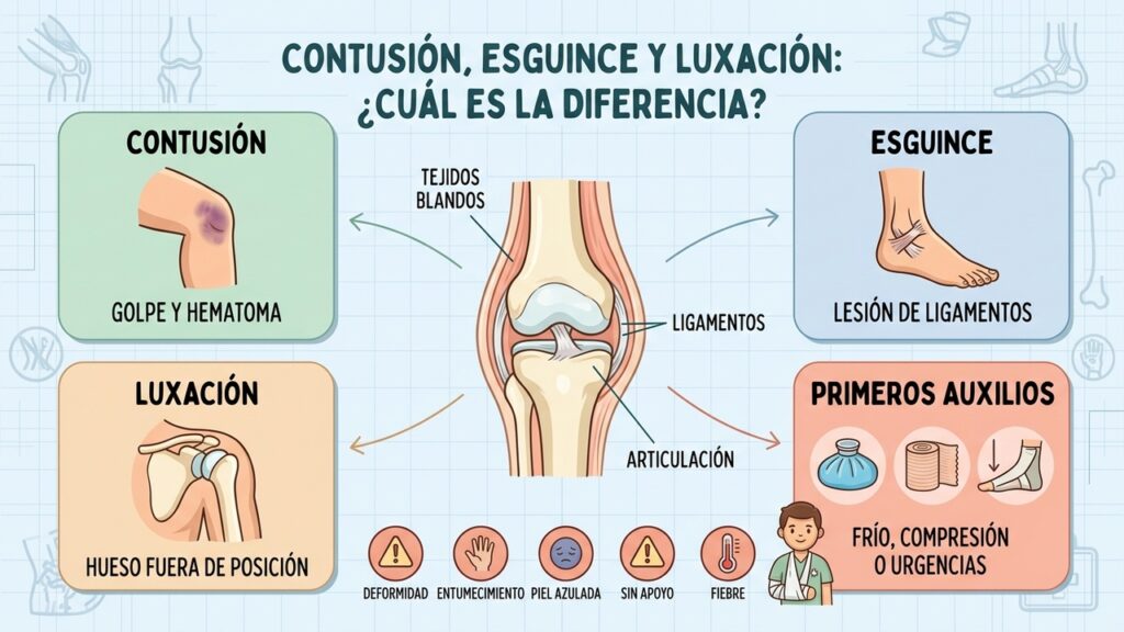 Contusión, esguince y luxación dañan estructuras diferentes y requieren respuestas distintas.