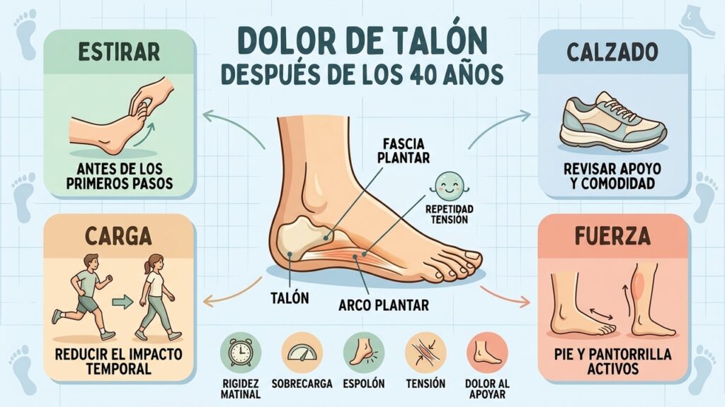Cuatro pilares para aliviar el talón: estirar, calzar bien, ajustar carga y fortalecer.