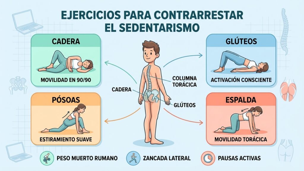 Movilidad de cadera y pausas activas ayudan a revertir horas de sedentarismo frente a pantallas