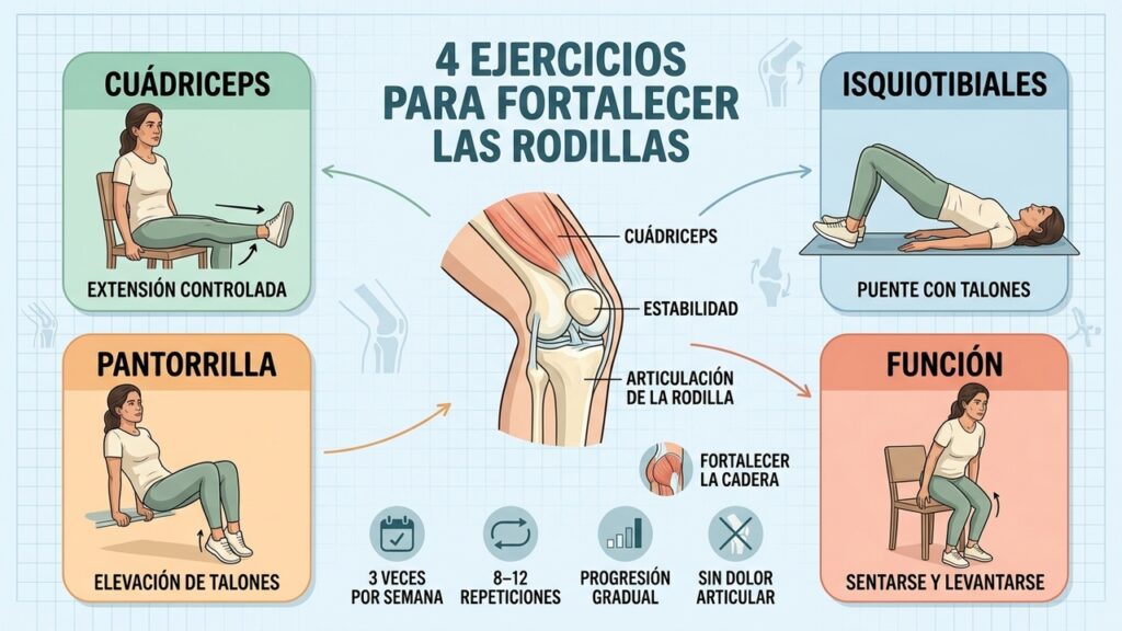 Cuatro ejercicios de bajo impacto trabajan fuerza, estabilidad y control alrededor de la rodilla
