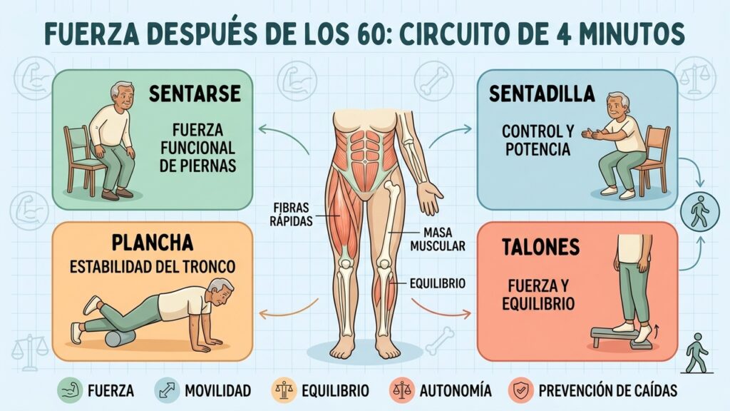 Cuatro ejercicios breves trabajan fuerza, equilibrio y estabilidad para complementar la caminata.