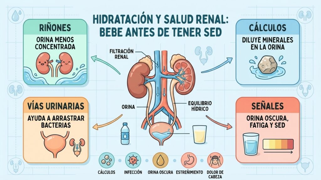 Beber agua regularmente ayuda a mantener la orina diluida y favorece la salud del sistema urinario.