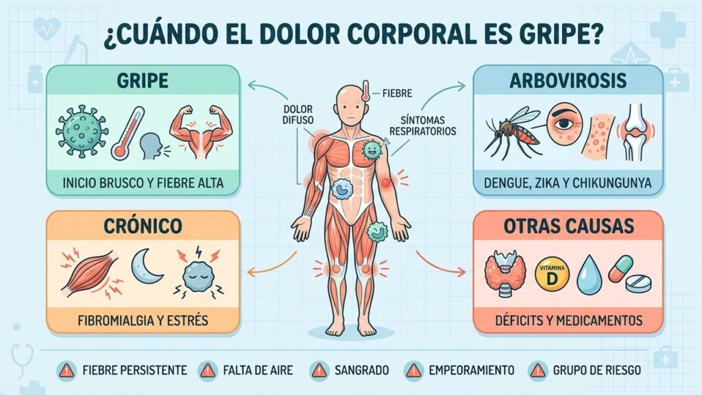 El patrón del dolor y los síntomas acompañantes ayudan a diferenciar la gripe.