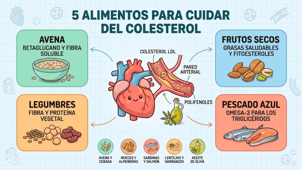 Cinco alimentos aportan fibra, grasas saludables y compuestos que ayudan a cuidar el colesterol